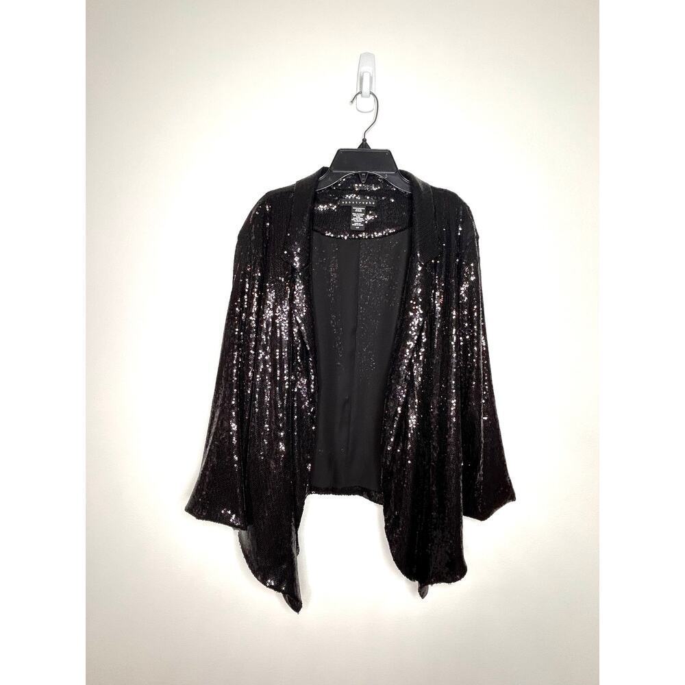 Apostrophe Women's Black Sequin Open Front Cardigan Sz L Glam Special Event